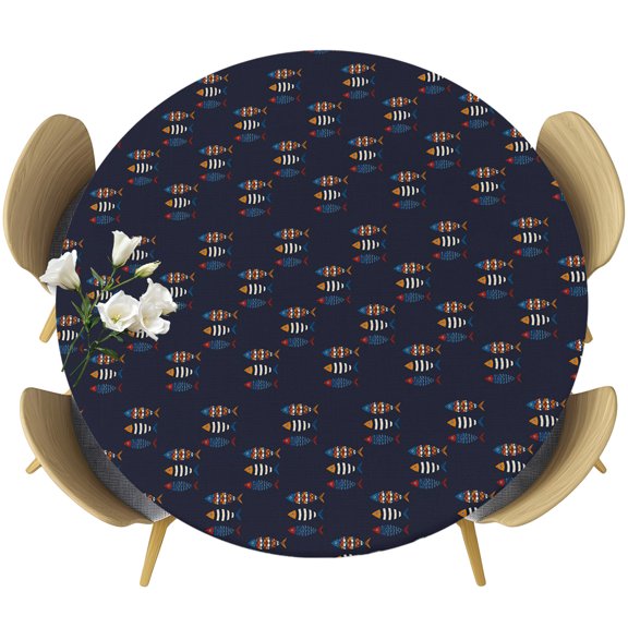 Round Fitted Tablecloth with Elastic Edge, Coastal Nautical Fish Fitted Table Cloth for Round Tables 55-60in, Summer Ocean Fish Seamless Waterproof Tablecloth for Outdoor Picnic Party