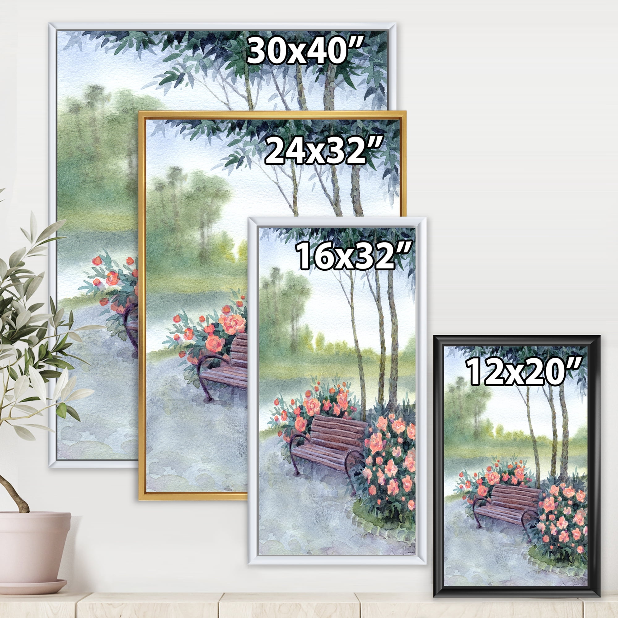Designart 'Bench In Park By The Pions Flowers Bushes' Traditional Framed Canvas Wall Art Print