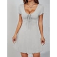 thumbnail image 2 of Women'S Short Sleeves Drawstring Front Ruched Short Dress V Neck A Line Tshirt Dresses Light Gray XS, 2 of 9