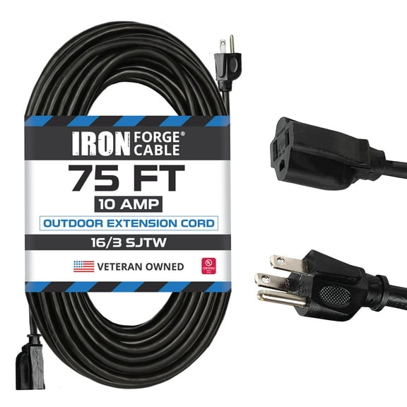 Iron Forge Cable 75 Ft Black Extension Cord, 16/3, 75 Foot Extension Cord, 3 Prong, Weatherproof - Great for Outside Use