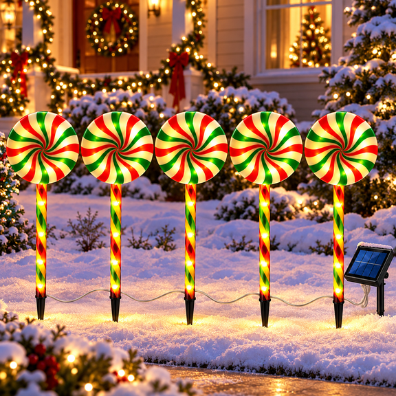 5 Pack Christmas Solar Lollipop Pathway Lights, Candy Cane Outdoor Christmas Decorations for Yard, Walkway & Garden