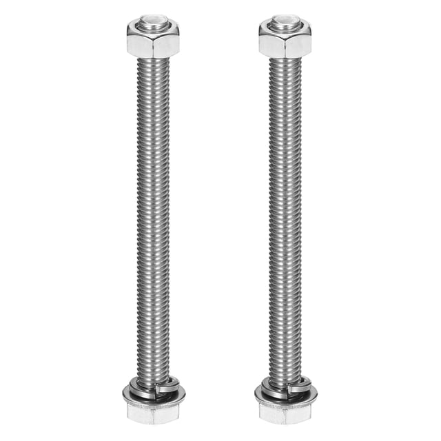 m10 x 140mm 304 tornillos de cabeza hexagonal de acero inoxidable, tuercas, kit de assortimento de arandelas planas y de bloqueo, 2 juegos Vista frontal centrada de dos pernos M10 x 140 mm en acero inoxidable 304 (plata), totalmente roscados, con tuercas hexagonales y arandelas planas y de bloqueo en la base; fondo blanco, detalle en la rosca continua y la cabeza hexagonal. Ideal para fijación en proyectos de hogar, muebles y piezas mecánicas; suele usarse también para montajes de paneles decorativos.