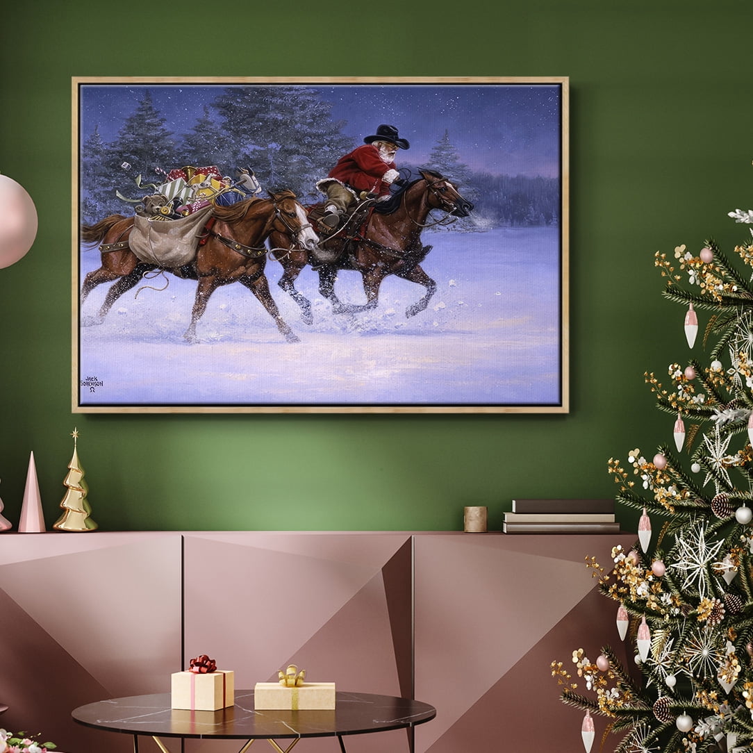 Christmas Rush - Framed Gallery Wrapped Holiday Canvas - 25 x 37 - Natural Wood Frame