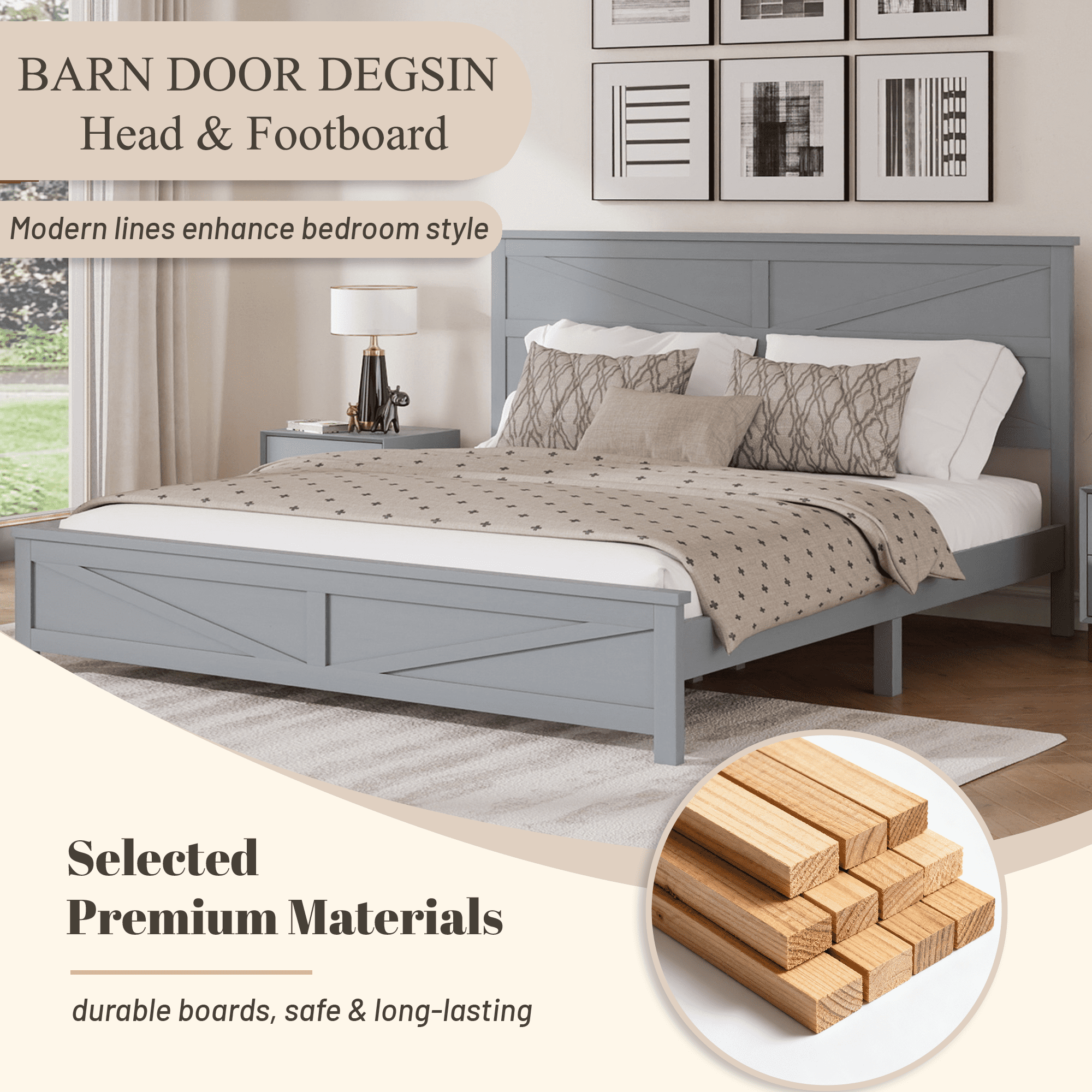Mintazer Farmhouse King Size Platform Bed with Under-Bed Storage, Platform Bed Frame with Headboard & Footboard for Bedroom, Grey