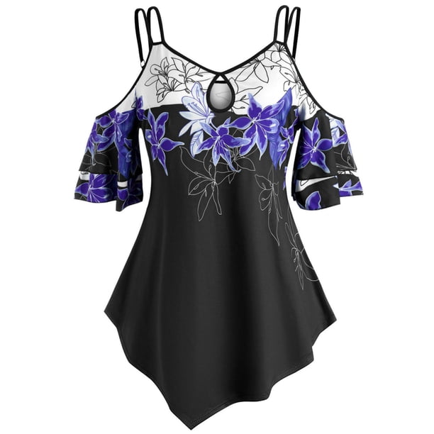 Floral hombro abierto con tiras más tapa del tamaño Rosegal Camisetas tallas grandes