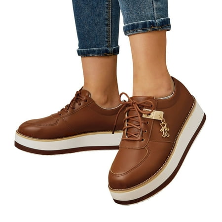 

f21 Womens Fashion Solid Color Leather Round Toe Lace Up Platform Casual Shoes Womens Platform Sneakers Size 7.5 Brown Wide