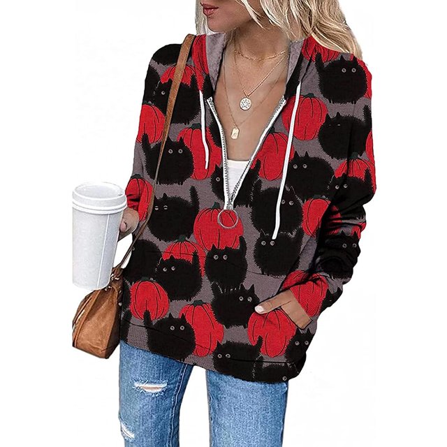 Chandail en Molleton Chat Citrouille Pull Col Rond Halloween pour Femmes Manches Longues Décontracté Ample