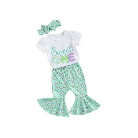 

Mioliknya Girls Birthday Outfits Letter Print T-Shirt and Flare Pants Headbands