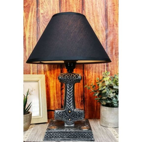 Old Norse God Of Thunder Thor Hammer Mjolnir Sculptural Table Lamp With Shade