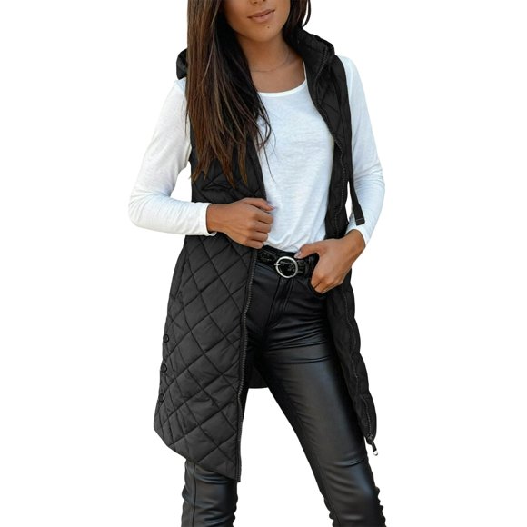 Qholemyo Long Puffer Vest for Women Quilted Stand Collar Sleeveless Hooded Down Jacket Fall Winter Warm Comfy Zipper Coats with Pockets