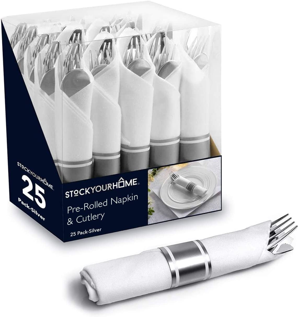 Photo 1 of Stock Your Home 1100 25 Pre-Rolled Napkins Cutlery Set - Silver
