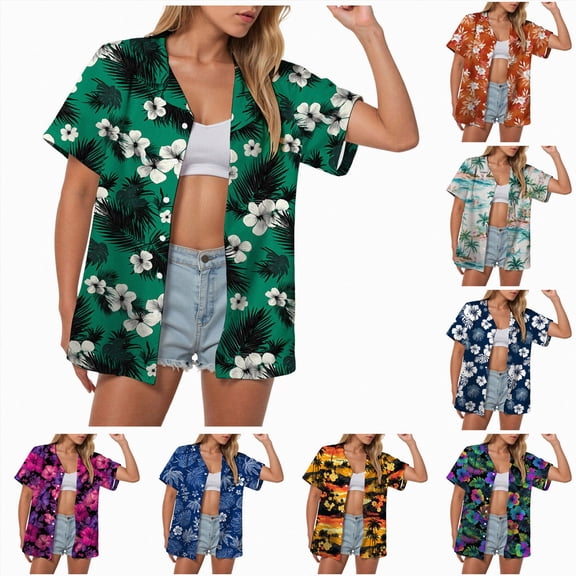 vigerkar Womens Hawaiian Shirt Hawaii Button Down Shirts Palm Floral Tropical Vacation Outfits Casual Summer Trip Blouse Top (Dark Blue, L)