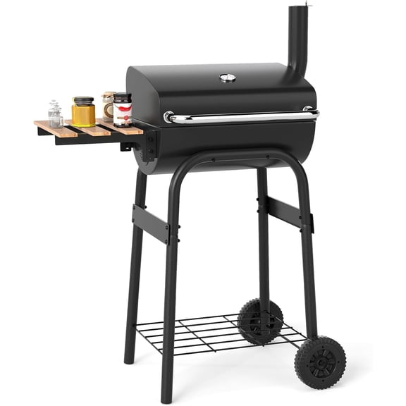 Portable Charcoal Grill with Foldable Side Table, Outdoor BBQ Smoker Grill with Wheels, Thermometer, Adjustable Air Vent, Bottom Shelf, Barrel Barbecue Grills for Patio, Camping & Tailgate