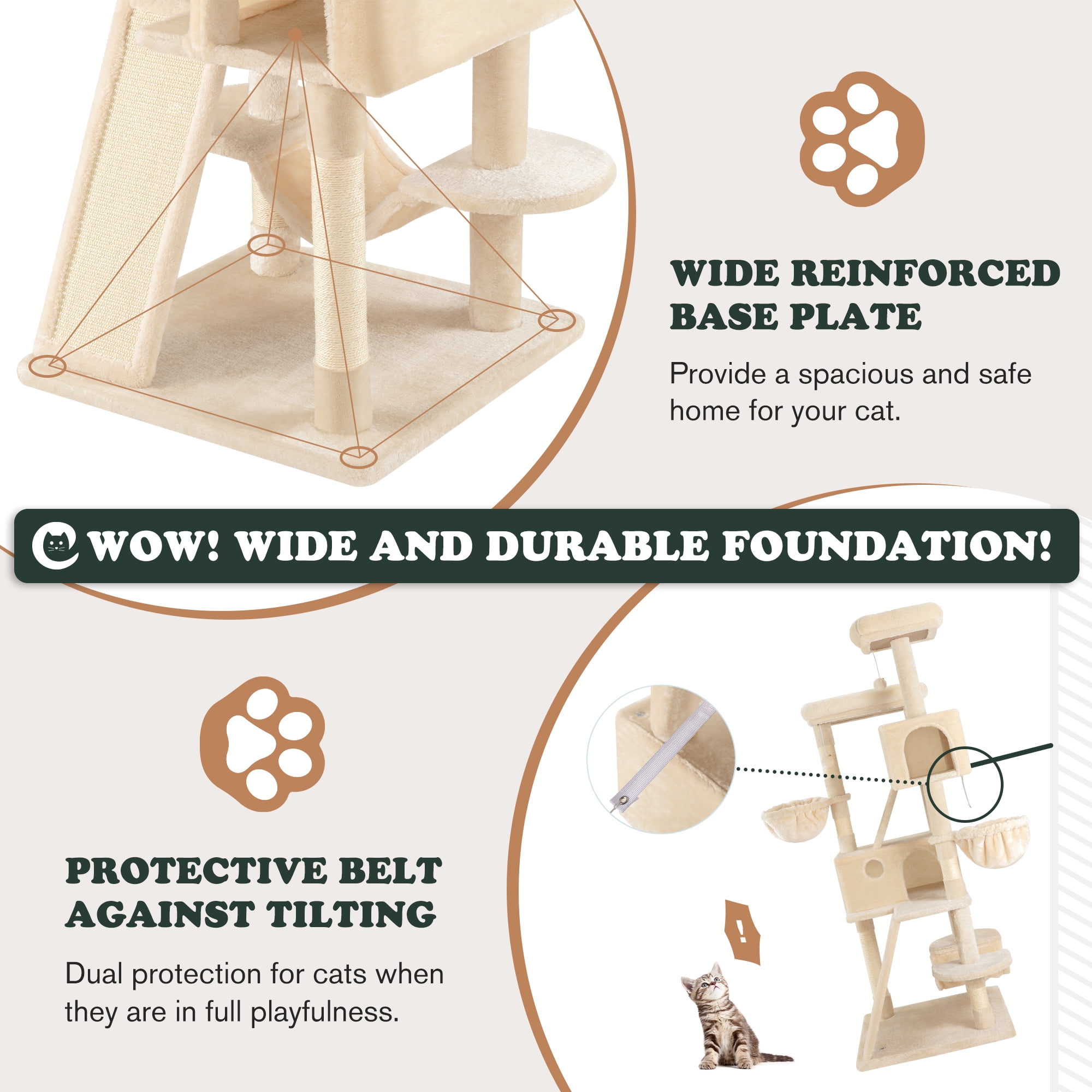 Amolife 65.7" Large Cat Tree and Tower Condo for Indoor Cats with 2 Scratching Boards, Hammock & Post, Beige