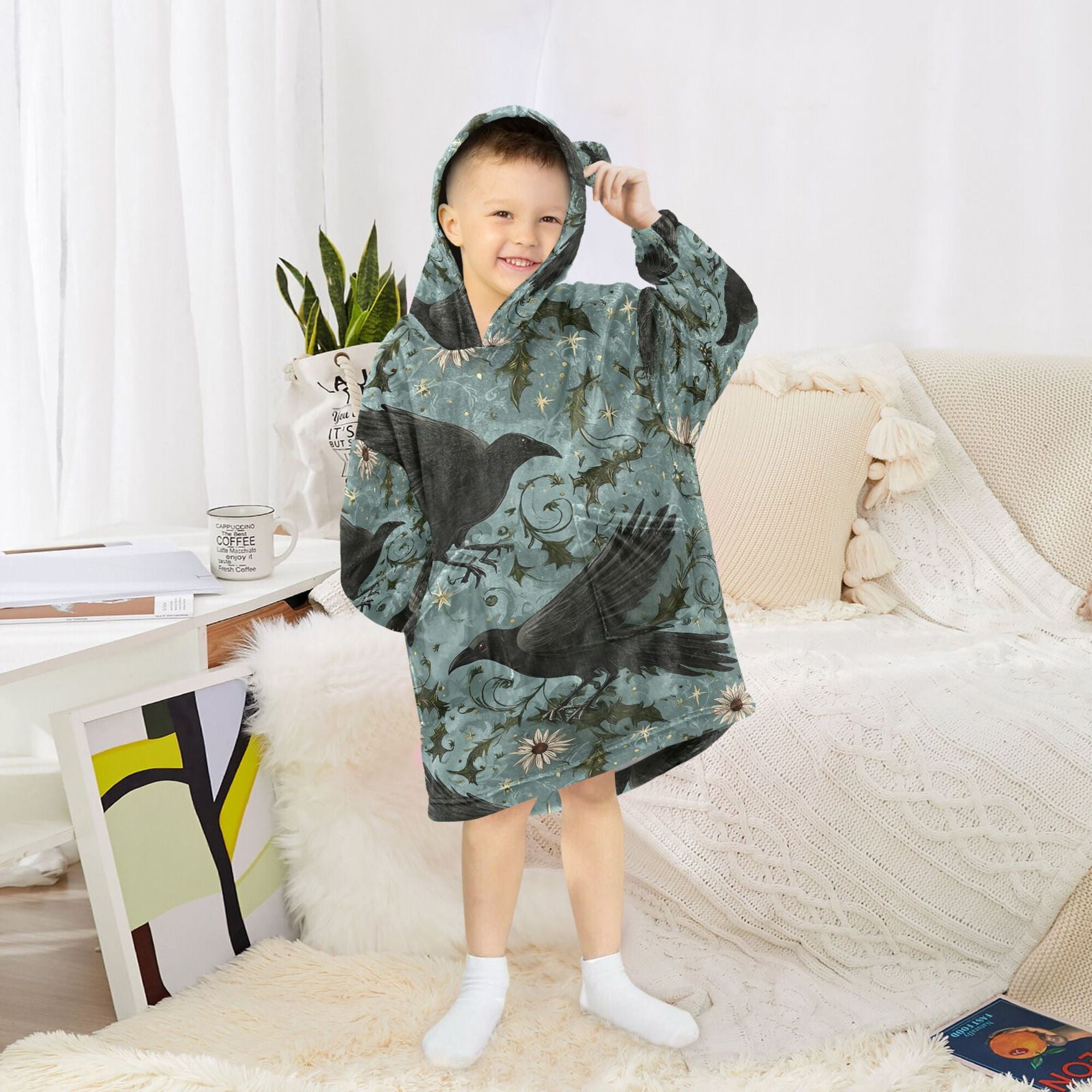 FORMRS Wearable Blanket Hoodie with Sleeves for Kids Cozy Flannel Sweatshirt, Mystic Crows Pattern