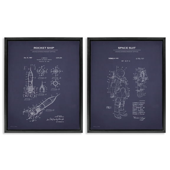 Stupell Industries Rocket Space Suit Diagram Education Painting Black Floater Framed Canvas Art Print Wall Art, 17 x 21, Set of 2