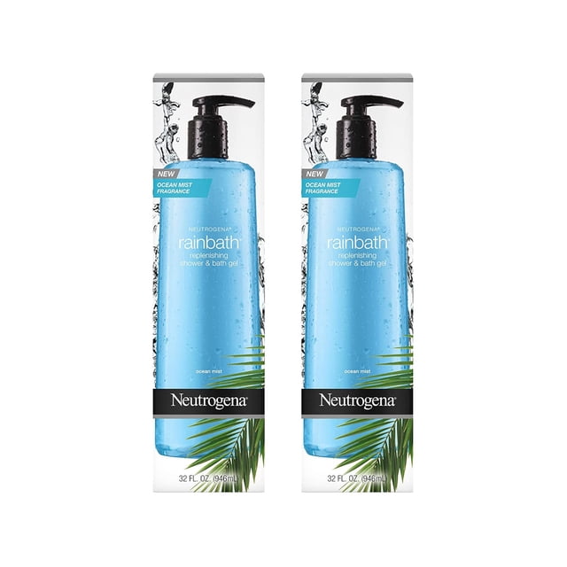 gel de ducha y baño neutrogena rainbath replenishing 960 ml paquete de 2. Dos botellas frontales con dispensador negro, gel azul transparente y etiqueta blanca 'rainbath' con banda negra 'Neutrogena', aroma a rocío oceánico indicado, 32 fl oz (946 ml) cada una, fondo blanco con salpicaduras de agua y hojas verdes.