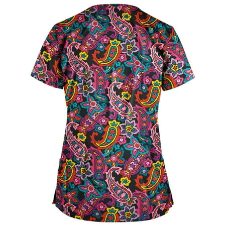 

CYMMPU Short Sleeve Scrub_Tops Clearance Women s Summer Tunic V-Neck Working Uniform Retro Floral Printed Pattern Trendy Clothing Shirts Fashion Nurse Uniform Workwear Red S
