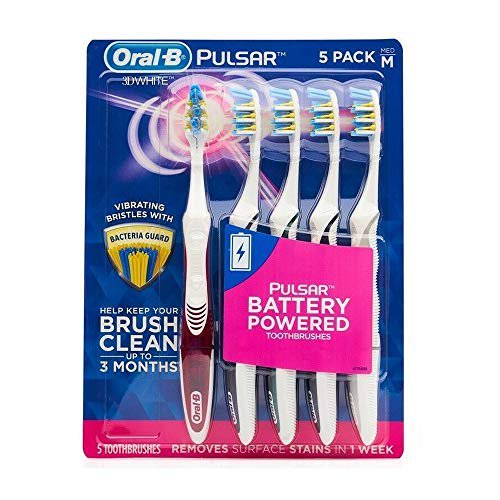 OralB Pulsar 3D White Toothbrush, 5 Pack, Medium (Colors May Vary)