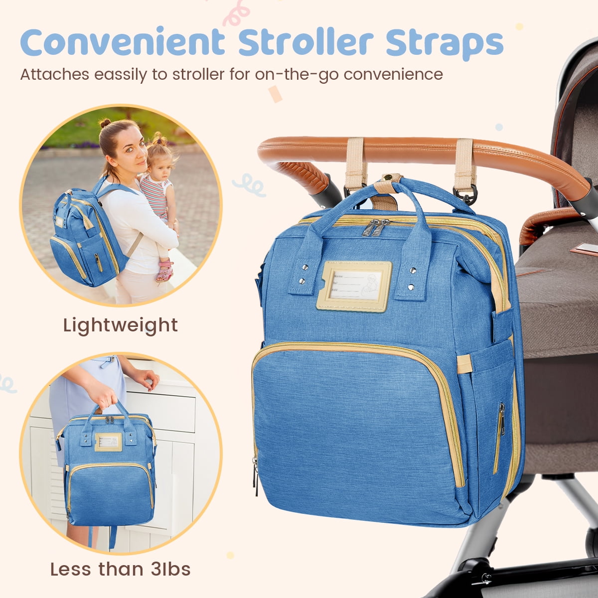 Diaper Bag Backpack, Multifunctional Baby Changing Bag with Foldable Crib & Insulated Milk Bottle Pocket, Large Capacity Travel Backpack with USB Charging Port & Stroller Strap (Blue)