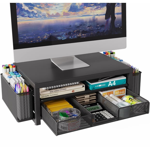 Support Surélevé pour Moniteur à 2 Niveaux avec Tiroir et Rangement à 2 Porte-Stylos pour Bureau, Support Organisateur de Bureau en Métal pour Ordinateur Portable, Ordinateur, iMac(B