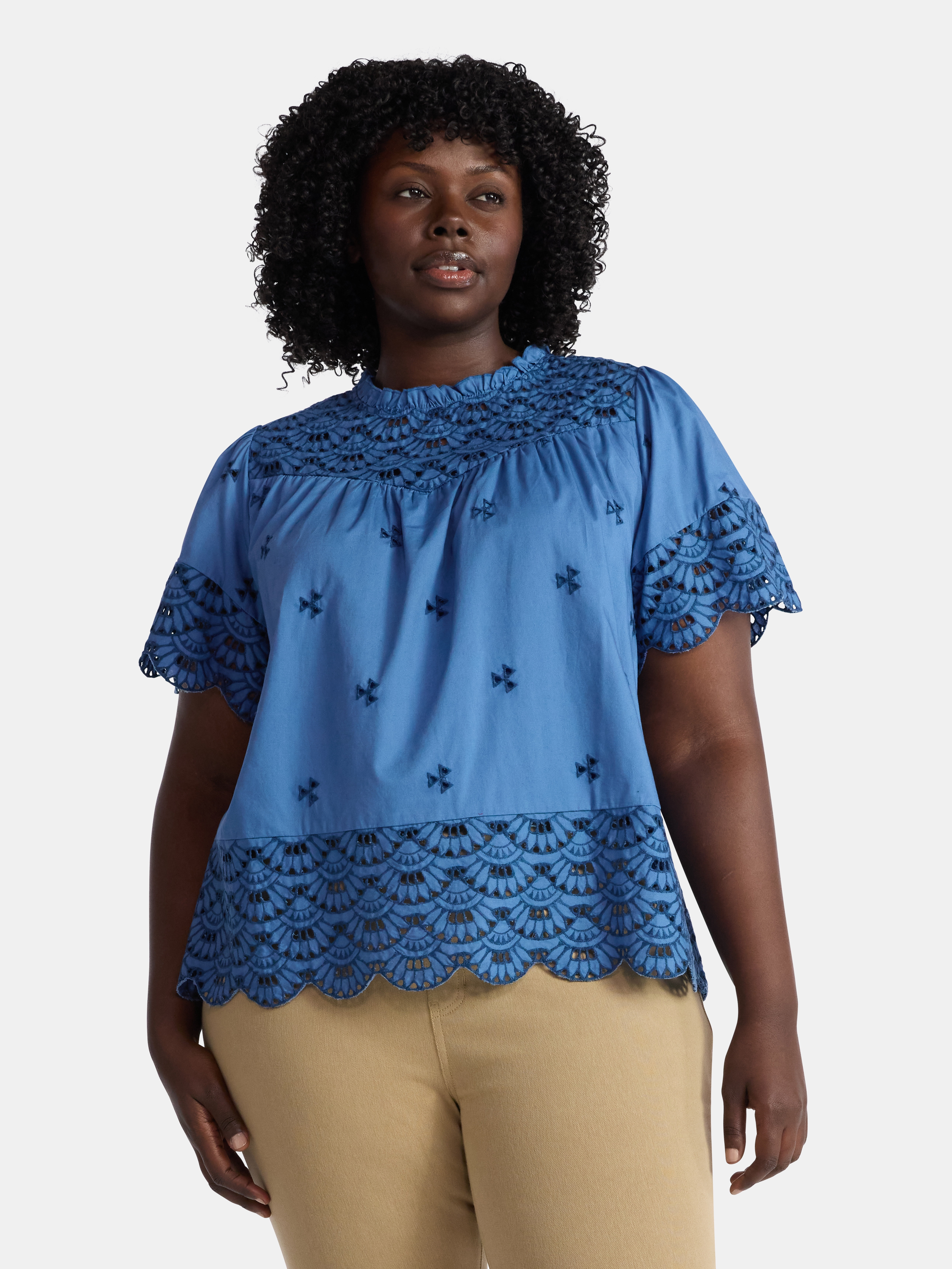 Time and Tru Women's Cotton Eyelet Top with Short Sleeves, Sizes XS-XXXL