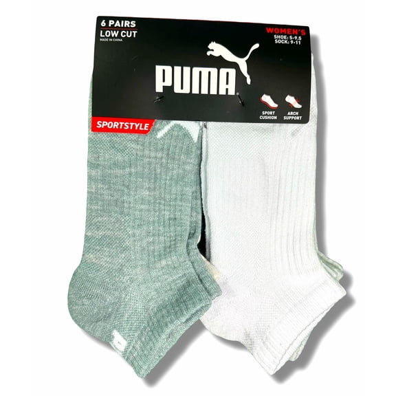 PUMA SOCKS WOMEN'S - LOW CUT 253 - RIBBED GREEN WHITE - SHOE SZ 5-9.5 -PACK 6