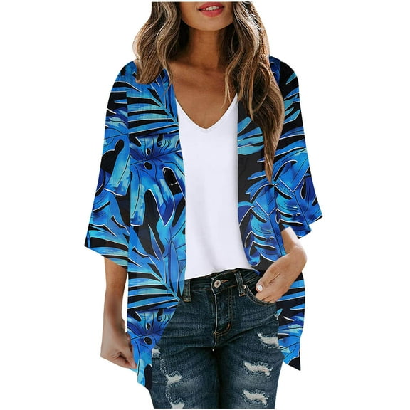 Sakmal Blue Coats for Women Lightweight Long Sleeve Sleeve Casual Loose Fit Cardigan Chiffon Floral Flowy Ladies Winter Coat