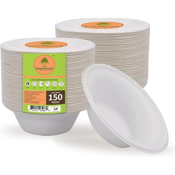 BAGASSEWARE 12 oz Compostable Round Bowls, Heavy-Duty Sugarcane, Microwave & Freezer Safe, Soak-Proof, Eco-Friendly, 150 Count