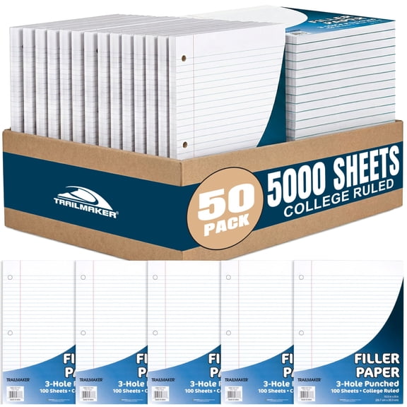 Trailmaker (50 Pack) Bulk Filler Paper College Ruled, 8 x 10-1/2 Inch College Ruled Paper, 3 Hole Punch, Loose Leaf Notebook Paper for 3 Ring Binders, 5000 sheets total