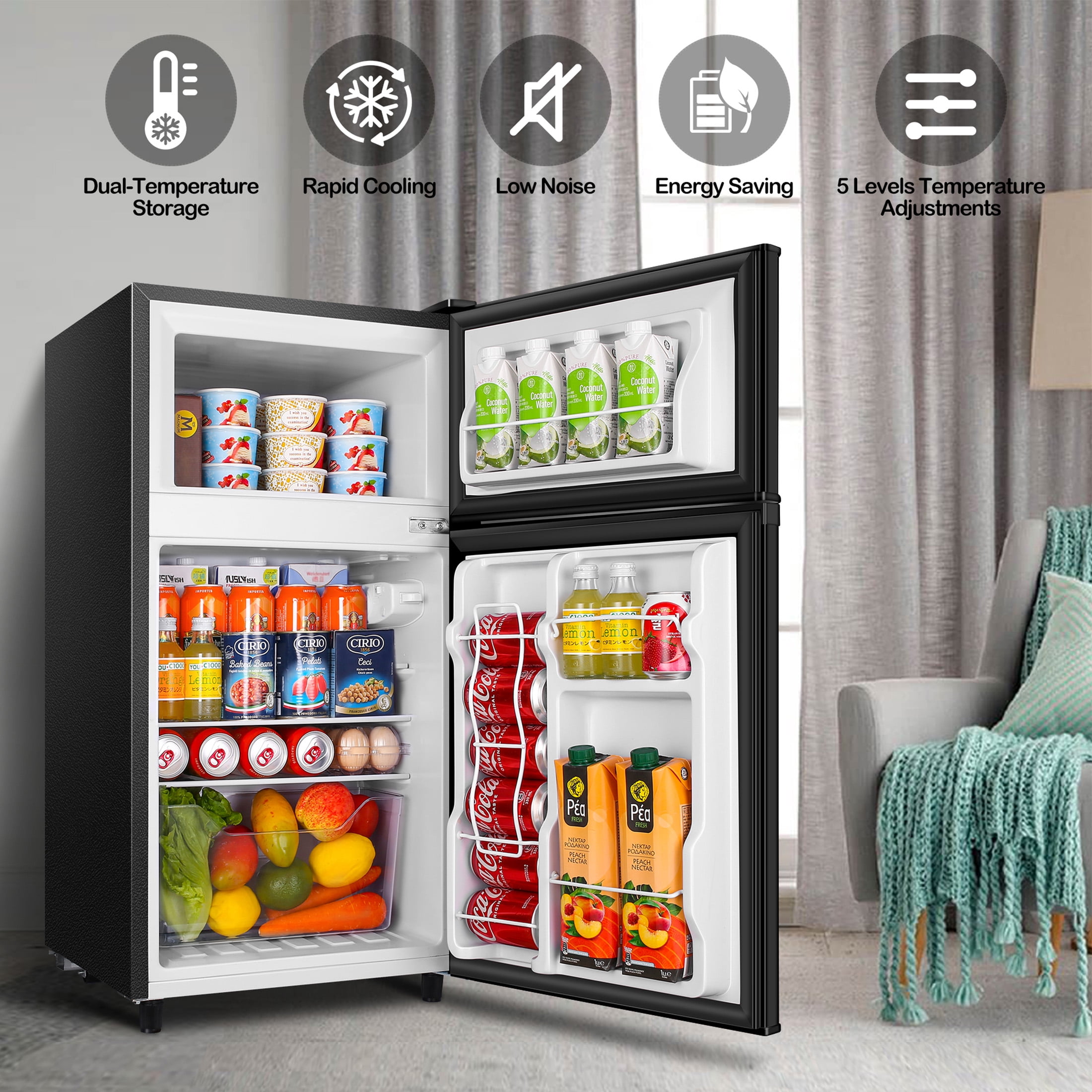 CALLIEVER 3.5 Cu.Ft Mini Fridge with Freezer - Dual-Door Small Refrigerator for Dorm Bedroom,Black