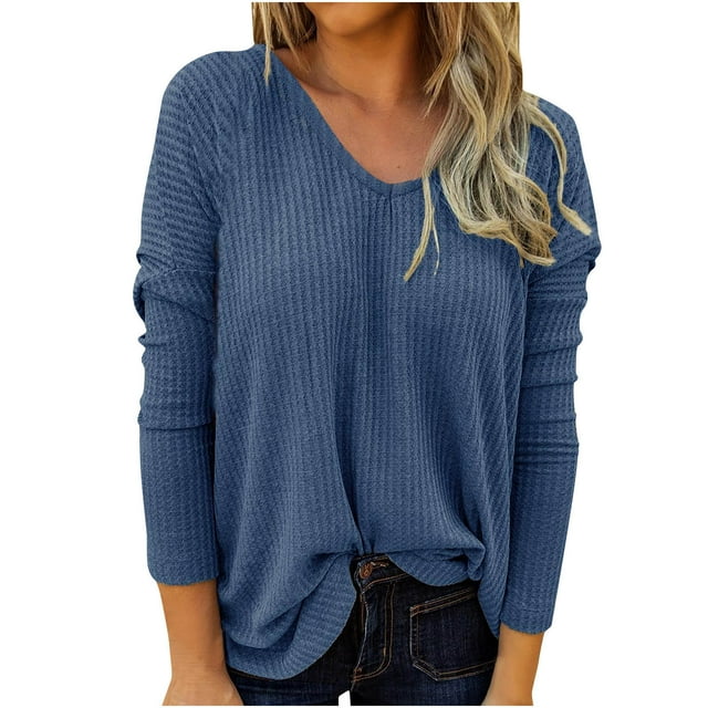 Pompotops Mode Femmes Sexy Manches Longues Col en V Pull-Over Couleur Unie Blouse Décontractée Tops Liquidation