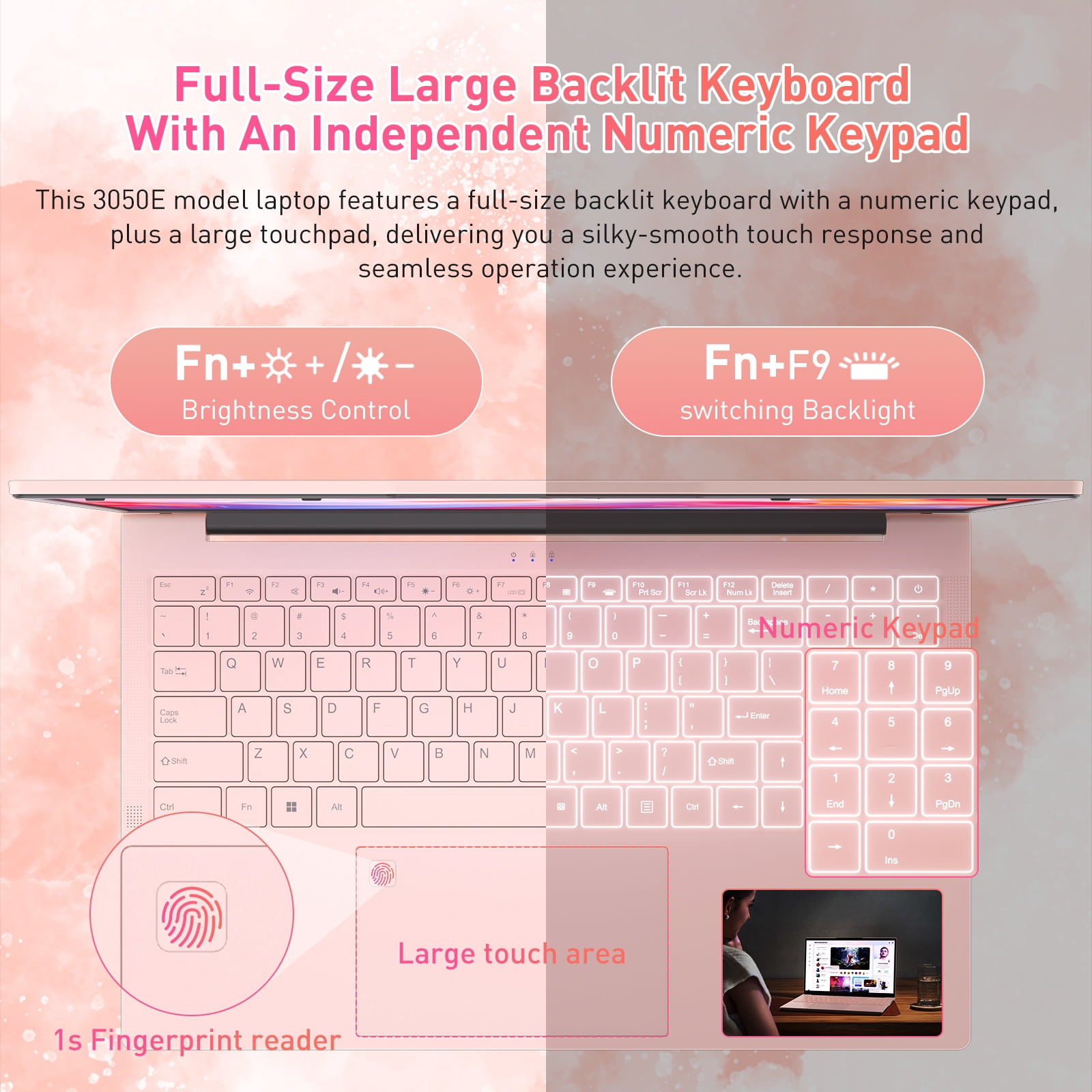 Exsurf 15.6" Business Laptop,Win11 Pro, 32GB RAM 1TB SSD,3050E CPU, Type-C Port, Pink Home Computer