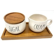 Rae Dunn Cream Sugar Black LL Letters 4-piece Set with Wooden Tray and Lid Kitchen