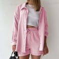thumbnail image 4 of 2 Piece Sets for Women Shorts Summer Outfits Women Solid Spring Long Sleeve Shirt and High Waist Drawstring Shorts Summer Sets Fashion Casual, 4 of 5