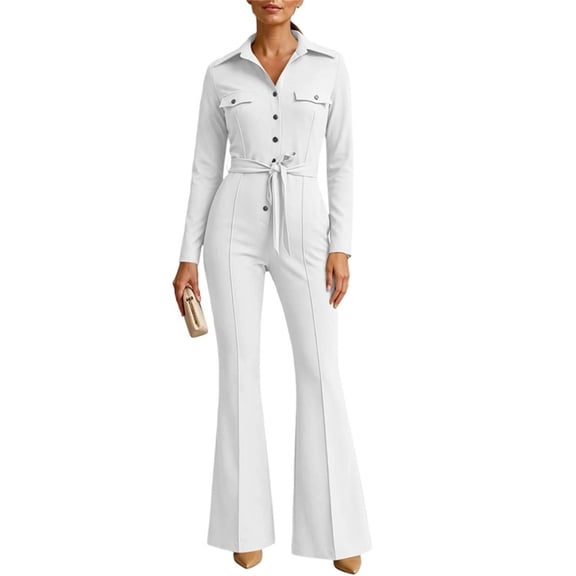Edvintorg Women Jumpsuit Lapel Cargo Pocket Button Down Romper Long Sleeve Jumpsuits with Flare Pant Womens Clothing S-XL White