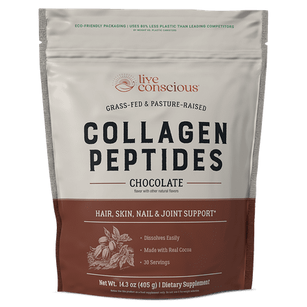 Live Conscious Peptides Chocolate - Grass-Fed, Pasture-Raised Types I & III Collagen & 19 Diverse Amino Acids Support Skin, Hair, Nails & Joint Health. Delicious Chocolate Flavor. 30-Day Supply