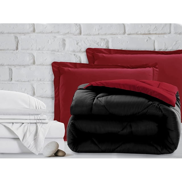 Mocassi 7-Piece Bed-in-a-Bag Comforter & Sheet Set- Luxurious 1800 Premium 7-Piece Queen Size Bed-in-a-Bag, Super Cozy Bed Sheets and Comforter Set, Wrinkle and Stain Resistant, Black/Burgundy