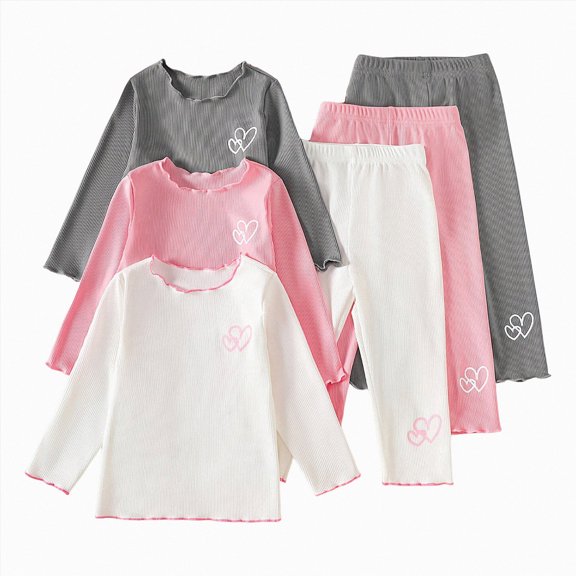 WXFAZCVU Girls Fall Outfits 3 Pack Heart Print Cotton Long Sleeve and Pants Kids Clothing Set Size 6-9 Months
