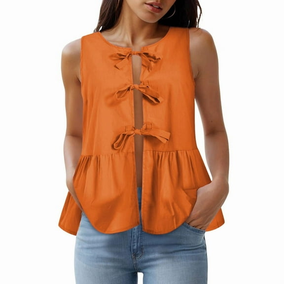 Women'S Summer Tie Front Vest Top Sleeveless Suit Vest Dressy Business Work Waistcoat Tops Orange S