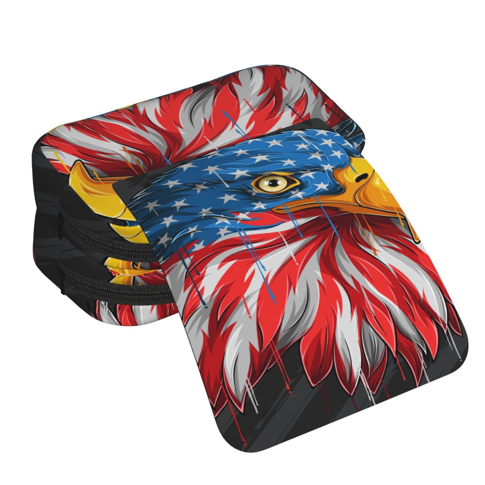 Rateoe Eagle Head With American Flag Pattern Double Clamshell Pen Case, Storage Organizer with Two Zipper Compartments– Holds Up to 50 Pencils & Pens