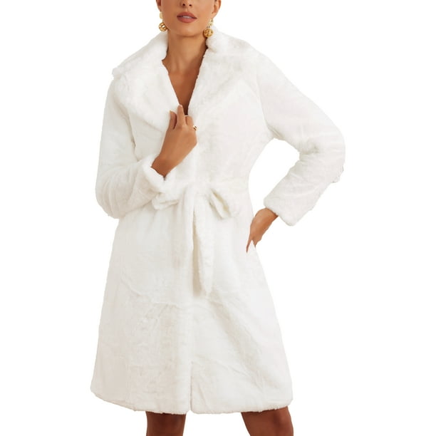 Abrigo largo de invierno INSPIRE CHIC para mujer, con cinturón, solapa, frente abierto, abrigo de piel sintética esponjosa, M blanco
