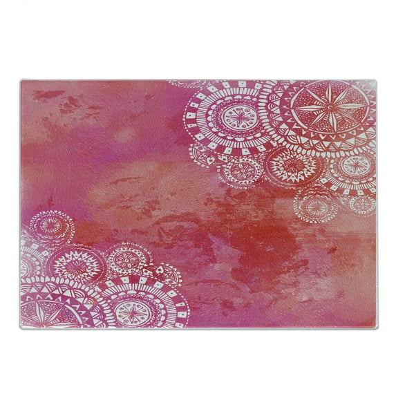 Mandala Cutting Board, Watercolor Paint Background Plain Hand Drawn Doodles Motifs Print, Decorative Tempered Glass Cutting and Serving Board, Small Size, Pink Coral White, by Ambesonne
