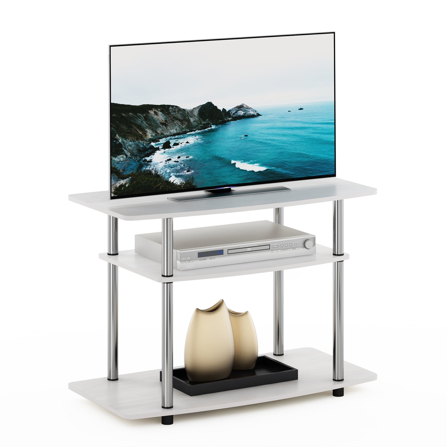 Furinno Turn-N-Tube No Tools 3-Tier TV Stands, White Oak/Chrome