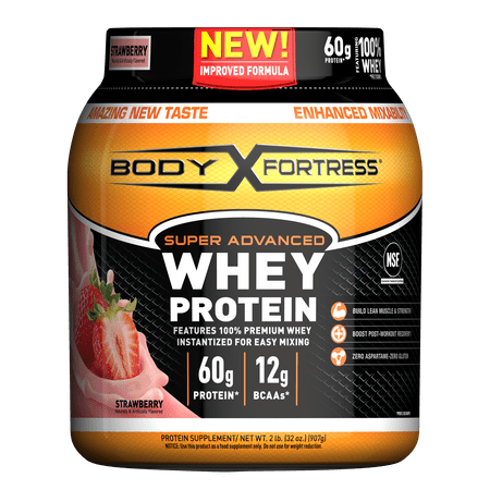Body Fortress Super Advanced Whey Protein Powder, Strawberry, 60g Protein, 2