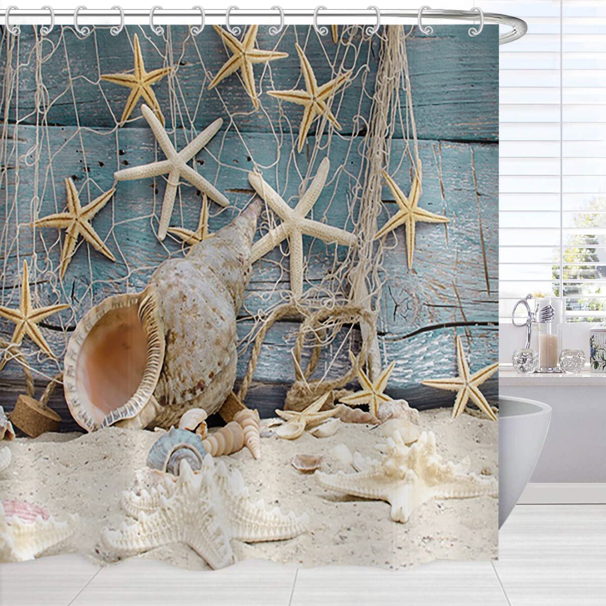 Ocean Themed Shower Curtain, Beach Theme Starfish Conch Seashell