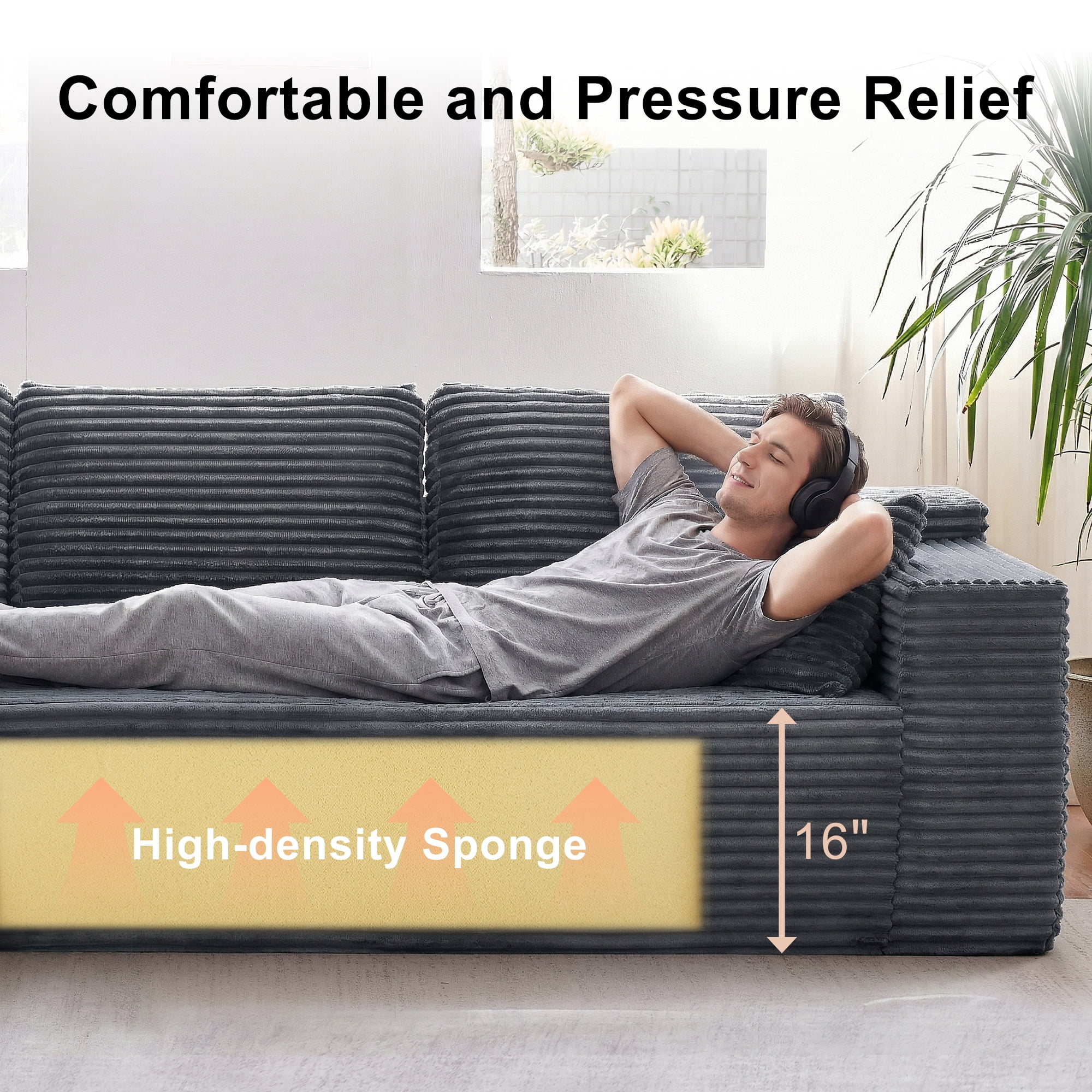 Actoroom 106" Modular Sectional Couch, L-Shape Boneless Cloud Couch, 4 in 1 Convertible Upholstered Sofa for Living Room, Grey