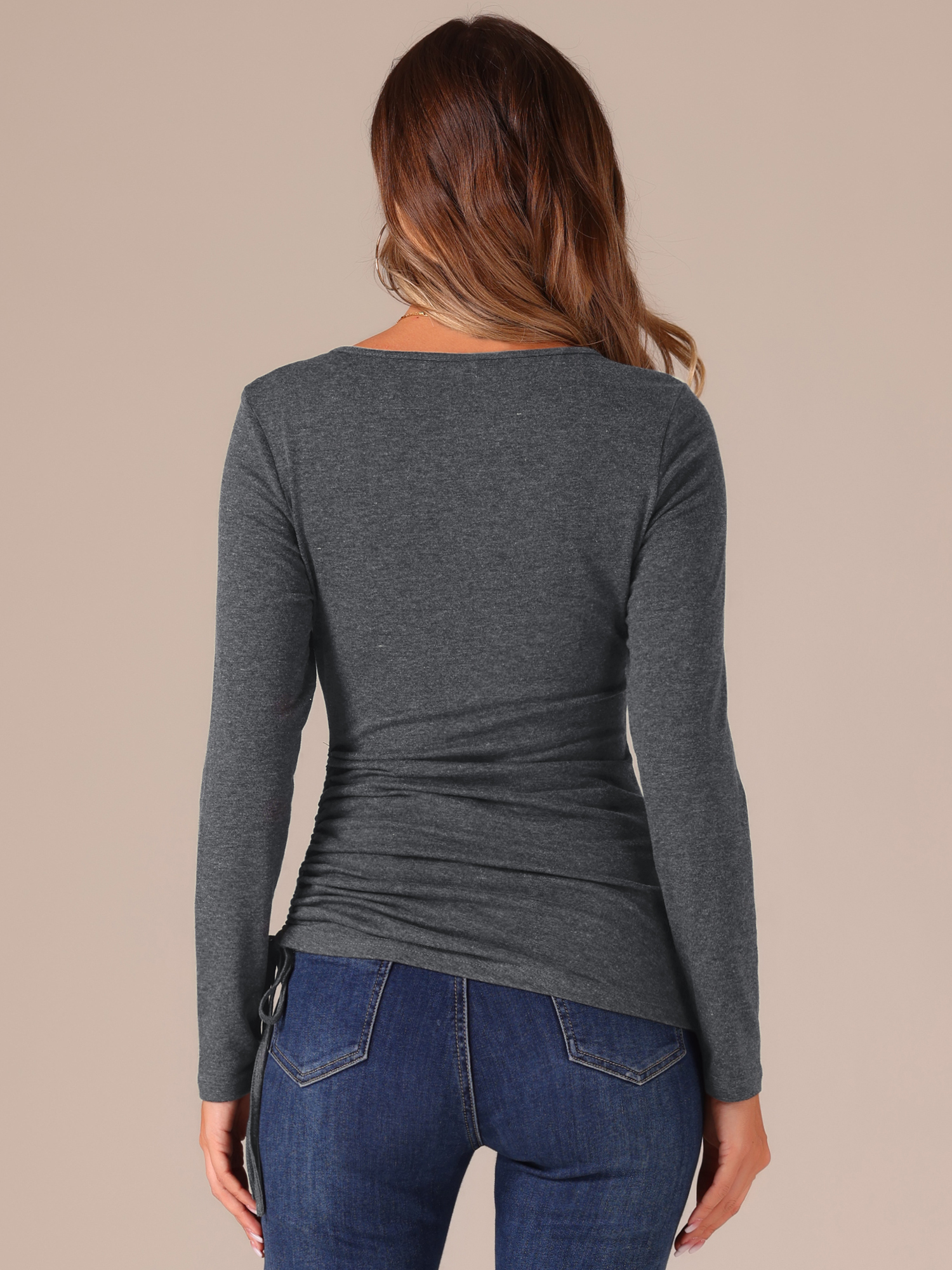 DARING DIVA Women's Scoop Neck Button Ruched Drawstring Tops M Grey