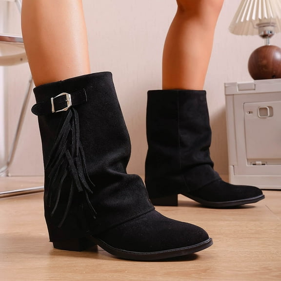Tawop Boots for Women Fashion Casual Winter Versatile Tassel Shorts Boots Solid Color Pointed Toe Heel Mid-Calf Boots Women Boots