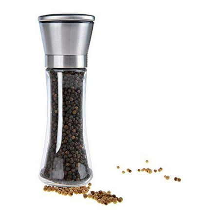 - Salt and Pepper Grinder Set of 1,Stainless Steel Professional 5 Grade Precision Ceramic Rotor With Clear 7.5Inch Tall Glass Bottle 6 Ounce Volume